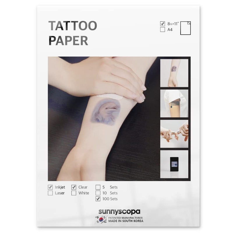 Sunnyscopa Printable Temporary Tattoo Paper for INKJET printer - US LETTER SIZE 8.5"X11", 100 SHEETS - DIY Personalized Image Transfer Sheet for skin - Custom Waterslide Decal Stencil Henna